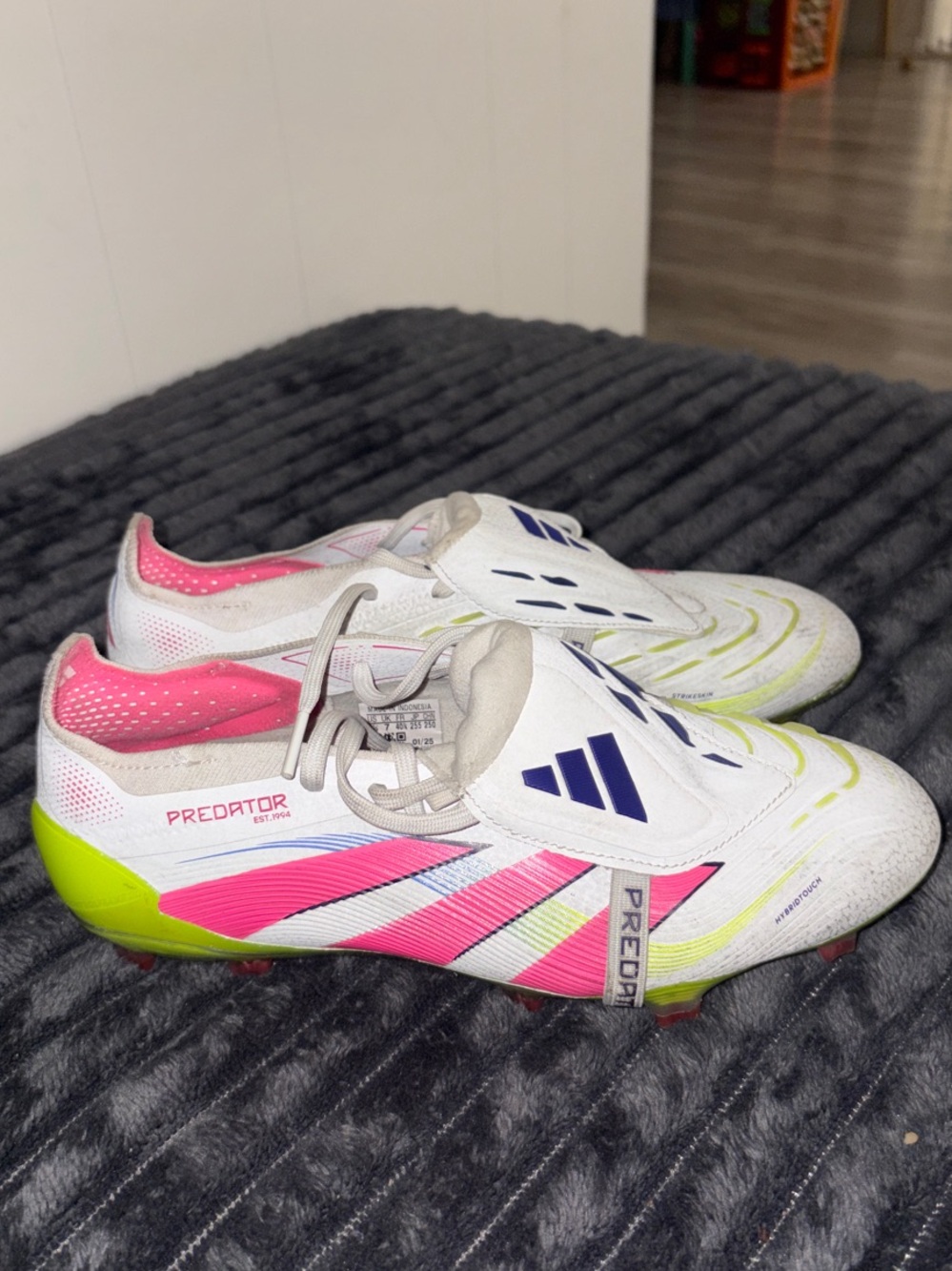 adidas Predator White Soccer Cleats with Pink & Neon Yellow Accents